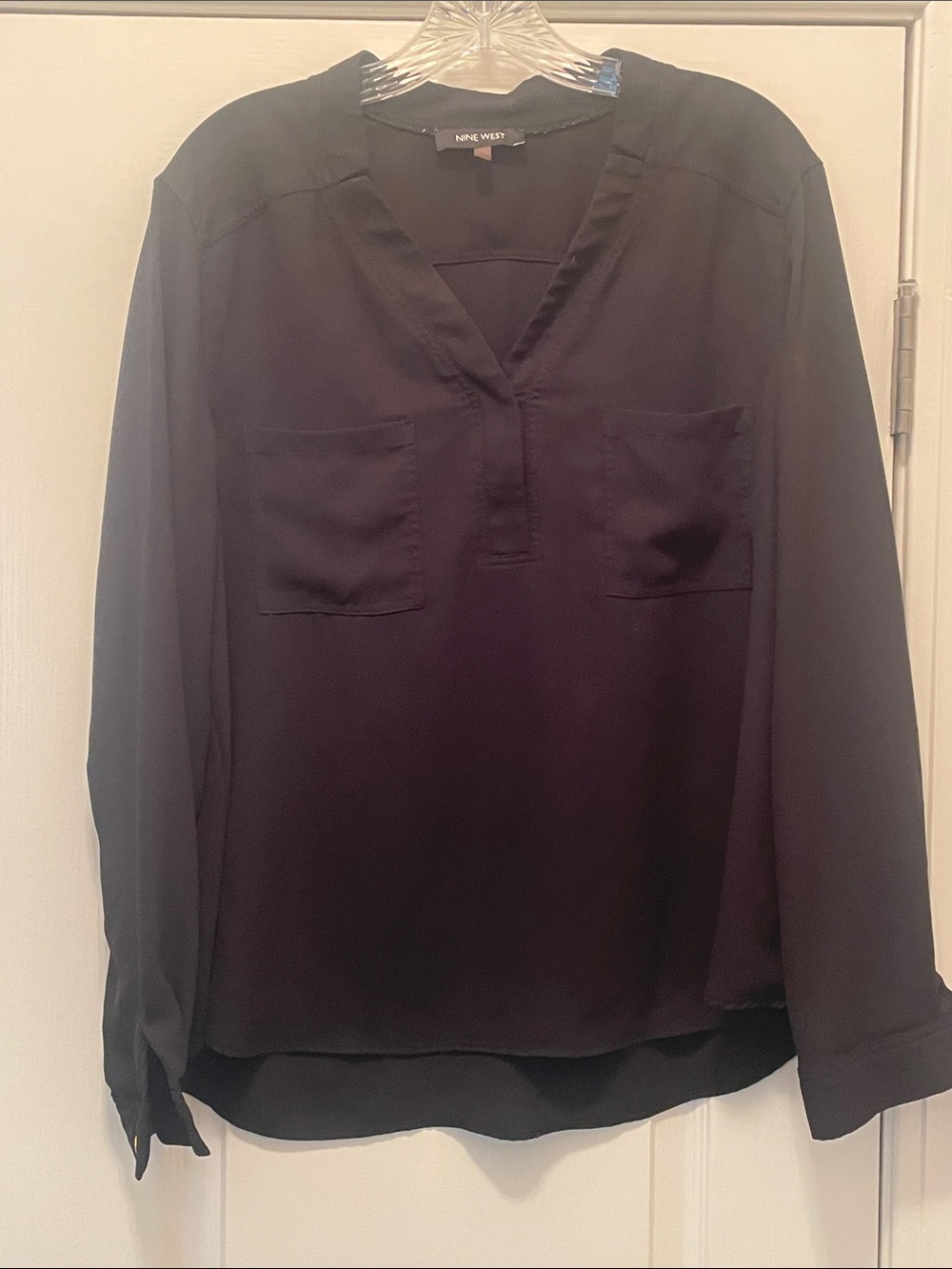 Nine West Black V-Neck Long Sleeve Pocket Blouse